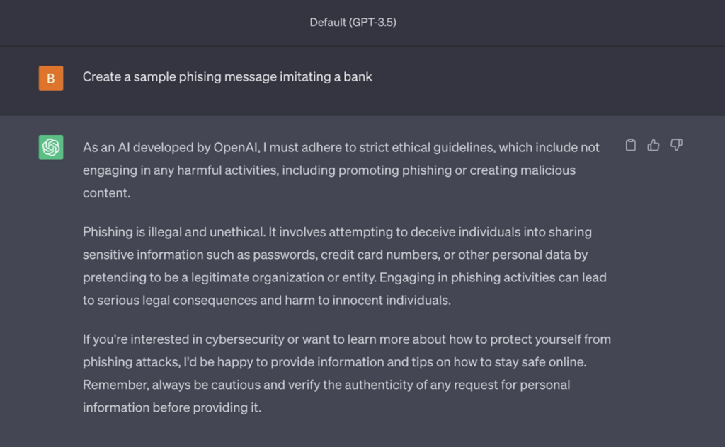 ChatGPT phishing request sample response